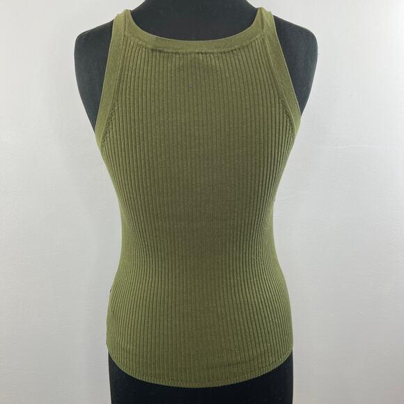 SANDRO Green Ribbed Knit Slim Fit Gold Charm Sleeveless Scoop Fitted Tank 3 - Picture 4 of 7